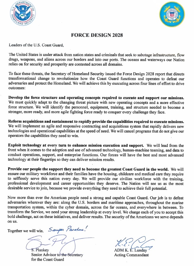 Letter from the Senior Advisor to the Secretary of the Coast Guard and Coast Guard Commandant to Senior Leaders
